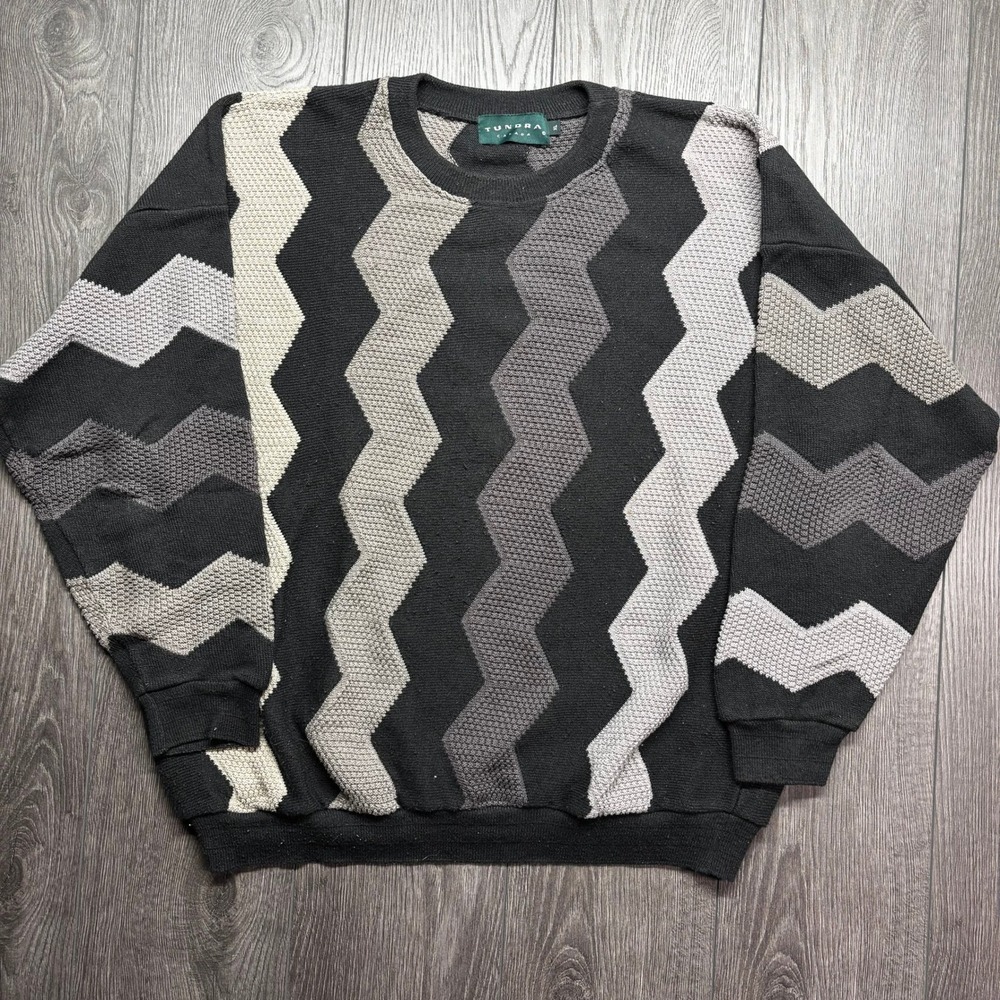 Vintage Tundra Canada 3D Knit Sweater Mens XL Black Grey Zigzag Textured Style